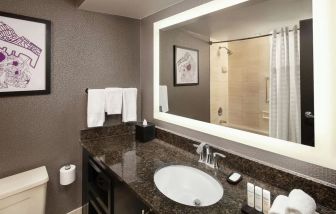 Guest bathroom with shower at Embassy Suites By Hilton, Crystal City National Airport.