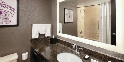 Guest bathroom with shower at Embassy Suites By Hilton, Crystal City National Airport.