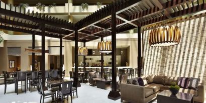 Dining area perfect for coworking at Embassy Suites By Hilton, Crystal City National Airport.