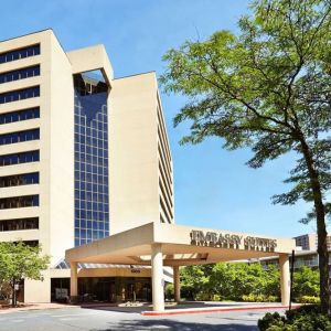 Hotel exterior at Embassy Suites By Hilton, Crystal City National Airport.