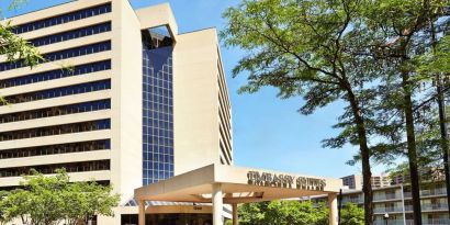 Hotel exterior at Embassy Suites By Hilton, Crystal City National Airport.