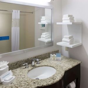 Guest bathroom with shower at Hampton Inn Los Angeles-Orange County-Cypress.