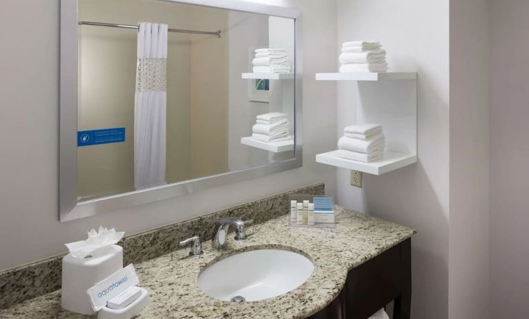 Guest bathroom with shower at Hampton Inn Los Angeles-Orange County-Cypress.