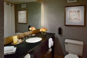 Guest bathroom in Royal Sonesta Houston Galleria, with lavatory, sink, and wide mirror.