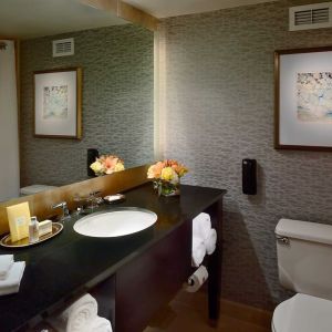 Guest bathroom in Royal Sonesta Houston Galleria, with lavatory, sink, and wide mirror.