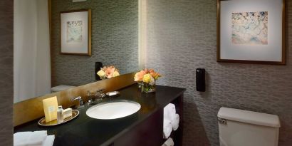 Guest bathroom in Royal Sonesta Houston Galleria, with lavatory, sink, and wide mirror.