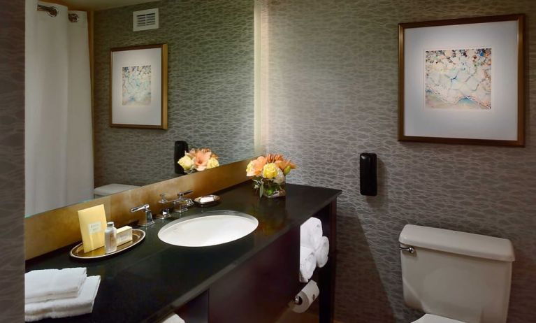 Guest bathroom in Royal Sonesta Houston Galleria, with lavatory, sink, and wide mirror.