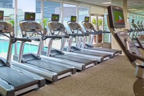 The hotel fitness center has numerous treadmills and other exercise machines, and faces the pool.