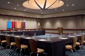 Hotel meeting room, with tables arranged in a U-shape facing a lectern, and seating for over a dozen attendees.