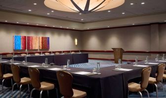 Hotel meeting room, with tables arranged in a U-shape facing a lectern, and seating for over a dozen attendees.