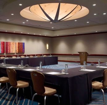 Hotel meeting room, with tables arranged in a U-shape facing a lectern, and seating for over a dozen attendees.