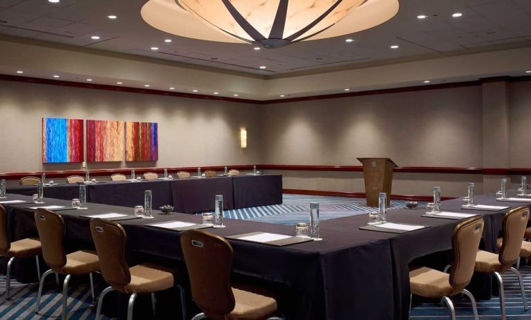 Hotel meeting room, with tables arranged in a U-shape facing a lectern, and seating for over a dozen attendees.