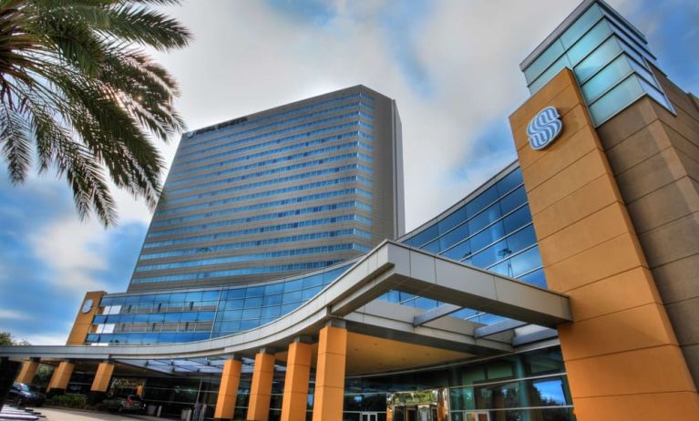 Royal Sonesta Houston Galleria’s parking area is by the hotel’s covered entranceway, which features plenty of potted plants.