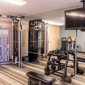 The hotel fitness center is equipped with assorted free weights, benches, a TV, and various exercise machines.