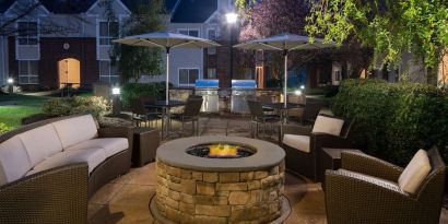 The hotel’s fire pit is has sofa and armchair seating around it, making it ideal for socializing or co-working.