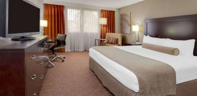 Sonesta Miami Airport double bed guest room, furnished with television, armchair, and workspace desk and chair.