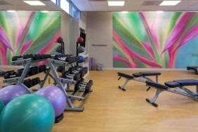 Sonesta Miami Airport’s fitness center is equipped with racks of free weights, multiple benches, and gym balls.