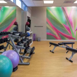 Sonesta Miami Airport’s fitness center is equipped with racks of free weights, multiple benches, and gym balls.