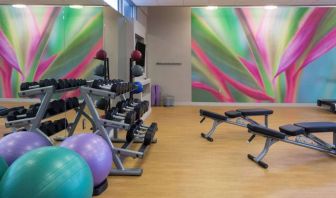 Sonesta Miami Airport’s fitness center is equipped with racks of free weights, multiple benches, and gym balls.