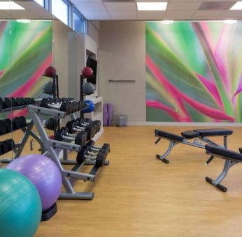 Sonesta Miami Airport’s fitness center is equipped with racks of free weights, multiple benches, and gym balls.