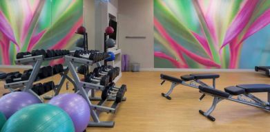 Sonesta Miami Airport’s fitness center is equipped with racks of free weights, multiple benches, and gym balls.