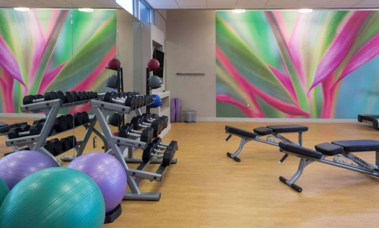 Sonesta Miami Airport’s fitness center is equipped with racks of free weights, multiple benches, and gym balls.