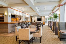 The hotel’s bar lounge features table seating, bar stools, multiple televisions, and potted plants.