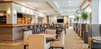 The hotel’s bar lounge features table seating, bar stools, multiple televisions, and potted plants.