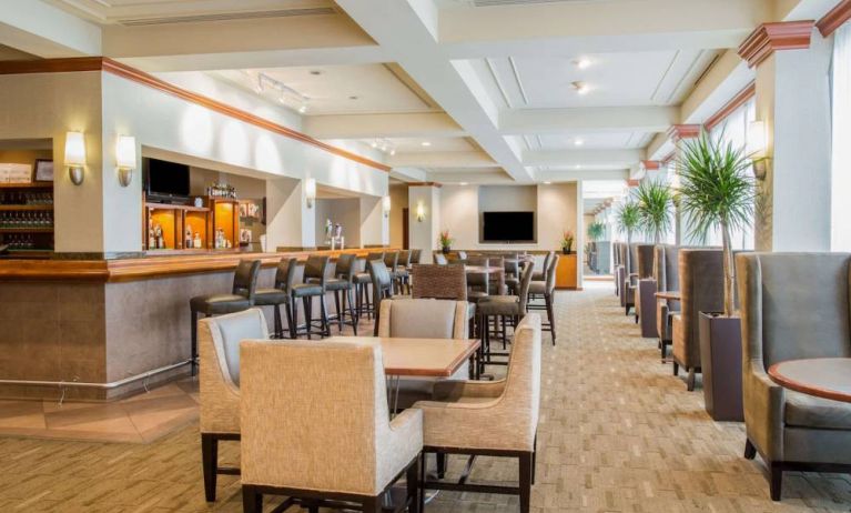 The hotel’s bar lounge features table seating, bar stools, multiple televisions, and potted plants.