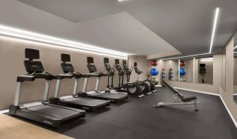 Sonesta Silicon Valley’s fitness center is equipped with assorted exercise machines, a bench, and gym balls.