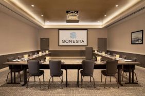 Hotel meeting room with long tables arranged in a U-shape, facing a large projector screen.