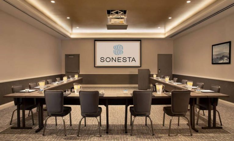 Hotel meeting room with long tables arranged in a U-shape, facing a large projector screen.