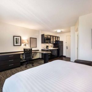 Double bed guest room in Sonesta Simply Suites Arlington, featuring workspace desk and chair, plus TV and kitchenette. 