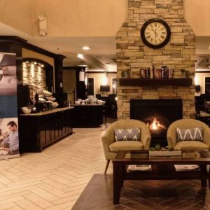 The hotel’s lobby has comfortable seating, a coffee table, reading material, and a cozy fireplace.