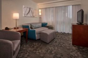 Sonesta Select Arlington Rosslyn guest room lounge with sofa, armchair, window, and TV.