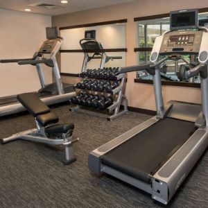 The hotel’s fitness center has racks of free weights, a bench, and treadmills for guests to use.