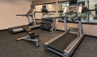 The hotel’s fitness center has racks of free weights, a bench, and treadmills for guests to use.