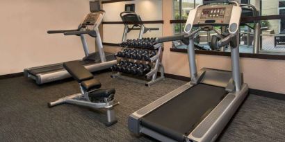 The hotel’s fitness center has racks of free weights, a bench, and treadmills for guests to use.