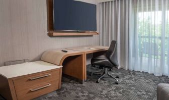 Sonesta Select Allentown Bethlehem Airport guest room workspace, including desk, chair, and huge television.