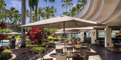 The hotel’s terrace includes dining under shaded cover, with the pool and towering trees nearby.