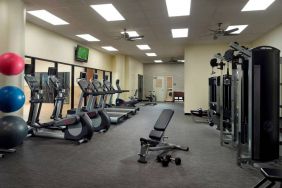 The hotel fitness center has an assortment of exercise machines, plus free weights and benches, and a wall-mounted TV.