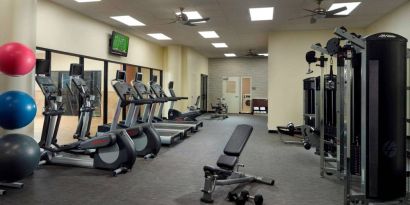 The hotel fitness center has an assortment of exercise machines, plus free weights and benches, and a wall-mounted TV.