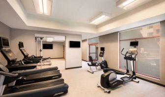 Sonesta Select San Jose Airport’s fitness center is equipped with a range of exercise machines and a wall-mounted TV.