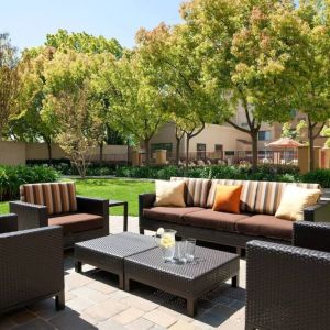 The hotel’s patio has trees nearby, and a mix of sofa and armchair seating.