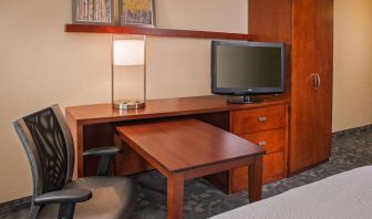 Guest room workspace in Sonesta Select Charlotte University Research Park, including desk, chair, and television.