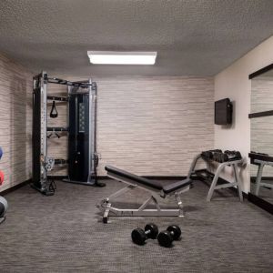 Sonesta Select Charlotte University Research Park’s fitness center is equipped with free weights, a bench, wall-mounted TV, and gym balls.