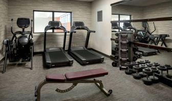 The hotel’s fitness center has treadmills, an elliptical machine, bench, and assorted free weights.