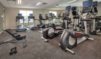 The fitness center in Sonesta ES Suites Baltimore BWI Airport is equipped with free weights and a bench alongside an assortment of exercise machines.