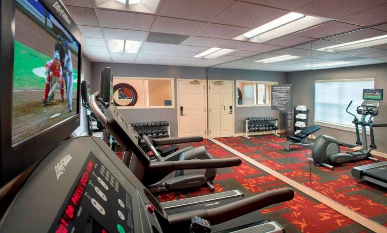 Sonesta ES Suites Allentown Bethlehem Airport’s fitness center has a variety of exercise machines in addition to rows of free weights.