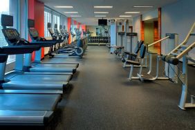 The hotel fitness center is equipped with an extensive array of exercise machines, free weights, and a widescreen television.